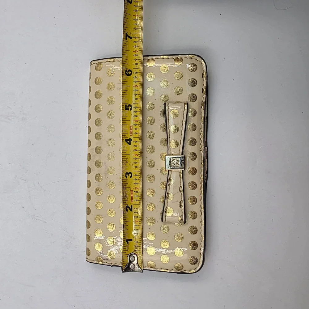 Anne Klein Cream Gold Polka Dot Patent Bow Trifold Wallet Lion Logo Hardware